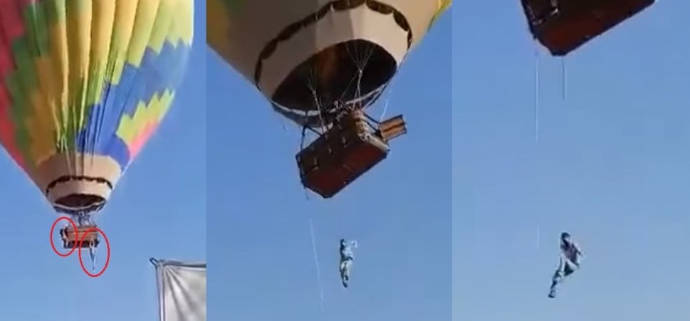 VIDEO Hombre se salva de caer desde globo aerostático en Teotihuacán