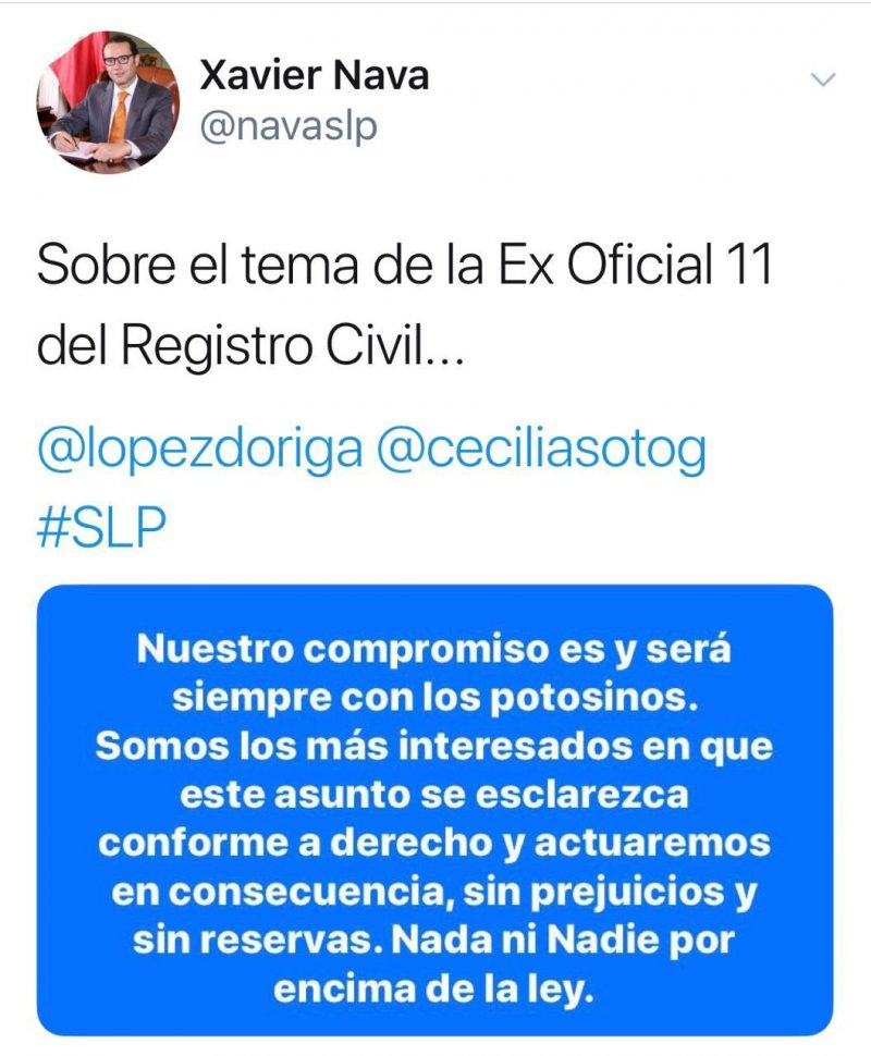 tweet xavier nava recula sobre caso de oficial del registro civil