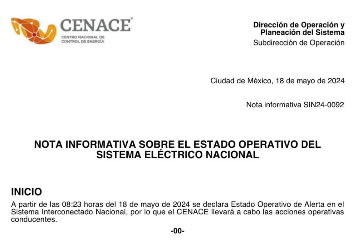 CENACE declara Estado de Alerta